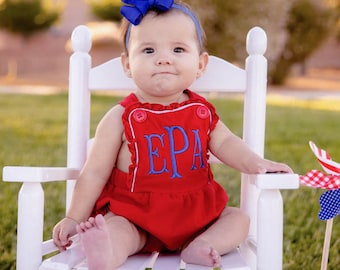 Baby Girl Clothes, Baby Girl 4th of July Outfit, Baby Girl Independence Day Outfit, Monogrammed Bubble Romper, Baby Girl Summer Clothes