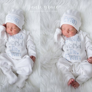 Baby Boy Coming Home Outfit Baby Boy Clothes Baby Boy Gift Personalized Baby Boy Outfit Hello World Outfit Baby Boy Convertible Sleeper image 2