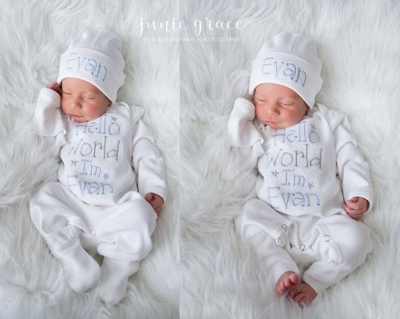 Baby Boy Coming Home Outfit Baby Boy Clothes Baby Boy Gift Personalized Baby Boy Outfit Hello World Outfit Baby Boy Convertible Sleeper image 2