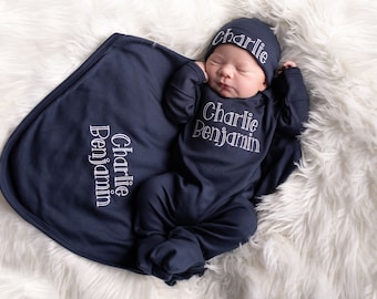 Baby Boy Gift, Baby Shower Gift, Baby Boy Clothes, Baby Boy Outfit, Newborn Boy Clothes, Baby Boy Swaddle and Hat, Personalized Gift Set