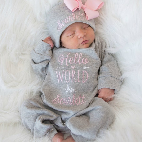 Baby Girl Coming Home Outfit Baby Girl Clothes Personalized Baby Girl Gift Hello World Outfit Newborn Girl Clothes Newborn Girl Hat