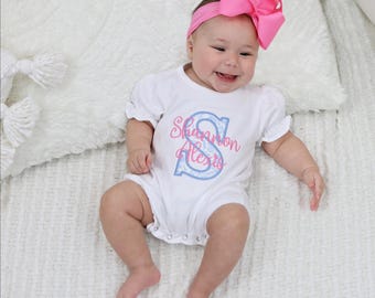 Baby Girl Clothes Bubble Romper Baby Girl Summer Outfit Coquette Aesthetic Blue Chinoiserie Toile Big Bow Headband