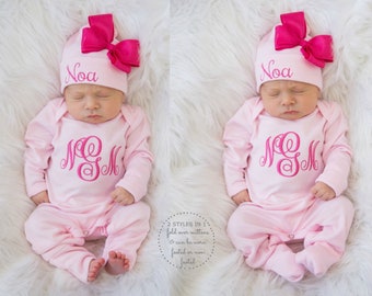 Newborn Girl Coming Home Outfit Newborn Girl Clothes Personalized Baby Girl Gift Personalized Baby Girl Outfit Newborn Hat Newborn Sleeper