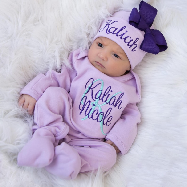 Newborn Girl Coming Home Outfit, Newborn Girl Clothes, Baby Girl Clothes, Baby Girl Gift, Personalized Outfit, Newborn Hat, Baby Shower Gift image 1