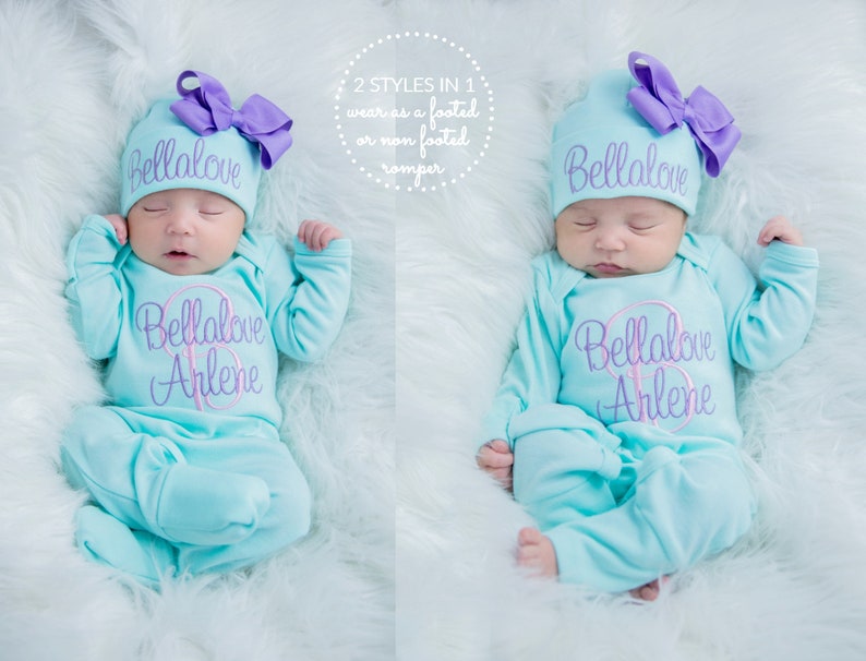 Newborn Girl Coming Home Outfit Newborn Girl Clothes Personalized Baby Girl Gift Personalized Baby Girl Outfit Baby Girl Sleeper Newborn Hat 