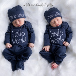 Baby Boy Coming Home Outfit Baby Boy Clothes Baby Boy Gift Personalized Baby Boy Outfit Hello World Outfit Baby Boy Convertible Sleeper