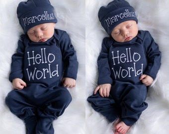 Baby Boy Coming Home Outfit Baby Boy Clothes Baby Boy Gift Personalized Baby Boy Outfit Hello World Outfit Baby Boy Convertible Sleeper