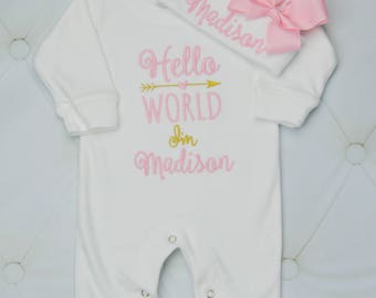 Newborn Girl Coming Home Outfit Newborn Girl Clothes Newborn Girl Outfit Hello World Outfit Baby Girl Gift Newborn Girl Hat