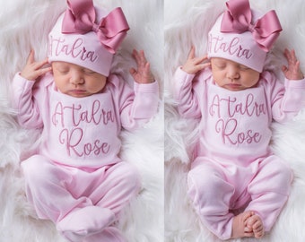 Baby Girl Coming Home Outfit Baby Girl Clothes Personalized Baby Girl Gift Personalized Baby Girl Outfit Newborn Girl Clothes Newborn Hat