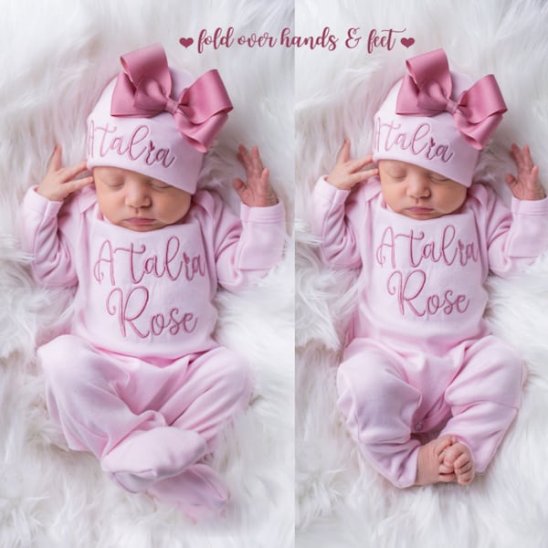 Baby Girl Coming Home Outfit Baby Girl Clothes Personalized Baby Girl Gift Personalized Baby Girl Outfit Newborn Girl Clothes Newborn Hat