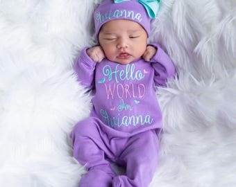Baby Girl Coming Home Outfit Baby Girl Clothes Personalized Baby Girl Gift Personalized Baby Girl Outfit Newborn Girl Clothes Newborn Hat