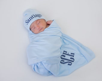Newborn Boy Coming Home Outfit Newborn Boy Monogrammed Swaddle Blanket Baby Boy Gift Personalized Baby Boy Gift Newborn Hat Newborn Boy Gift