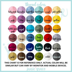 Op de afbeelding: Kleurenkaart met garenkleuren en namen voor elke kleur. De kleuren omvatten babyroze, lavendel, lichtblauw, mintgroen, koraal, lichtgeel, roze, lila, steenblauw, teal, oranje, geel, bubblegumroze, koninklijk blauw, turquoise, salie, gebrande oranje, goudsbloem, mauve, beige, oceaanblauw, limoengroen, rood, lichtgrijs, fuchsia, roze, bruin, koninklijk blauw, jagergroen, zwart, middelgrijs, goud, bruin, marineblauw, olijf, wit en antraciet.