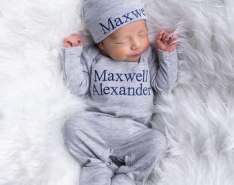 Baby Boy Clothes Baby Boy Coming Home Outfit Baby Boy Gift Newborn Boy Outfit Monogrammed Baby Boy Outfit Newborn Hat Newborn Gift