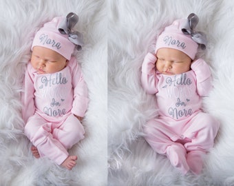 Newborn Girl Coming Home Outfit Newborn Girl Clothes Newborn Girl Gift Baby Girl Clothes Baby Girl Outfit Newborn Hat  Personalized Outfit