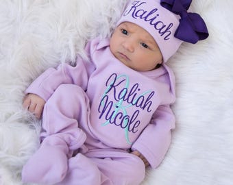 Personalized Newborn Girl Coming Home Outfit Gift For Baby Girl Hospital Take Home Outfit Embroidered Outfit with Name Newborn Hat