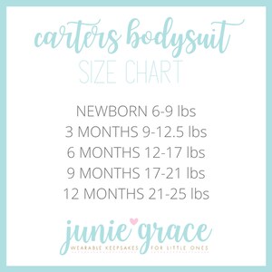 May include: A light blue chart with the text "carters bodysuit SIZE CHART" and a size chart for newborn to 12 months old babies, with weight ranges in pounds. The chart also includes the text "junie grace WEARABLE KEEPSAKES FOR LITTLE ONES".