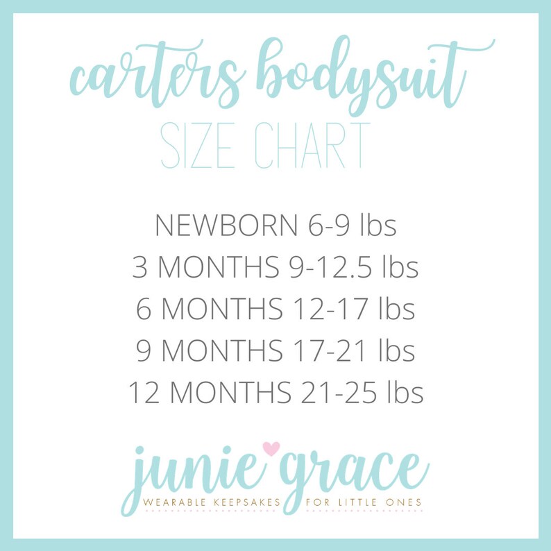 May include: A light blue chart with the text "carters bodysuit SIZE CHART" and a size chart for newborn to 12 months old babies, with weight ranges in pounds. The chart also includes the text "junie grace WEARABLE KEEPSAKES FOR LITTLE ONES".
