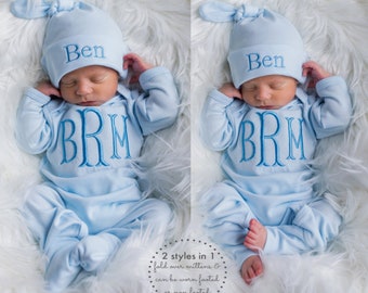 Vêtements pour bébé garçon Tenue de retour à la maison pour bébé garçon Cadeau pour bébé garçon Tenue pour nouveau-né garçon Monogrammé tenue pour bébé garçon Bonnet pour nouveau-né Cadeau nouveau-né