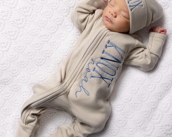 Personalized Baby Boy Sleeper and Hat Set – Coming Home Outfit, Newborn Gift