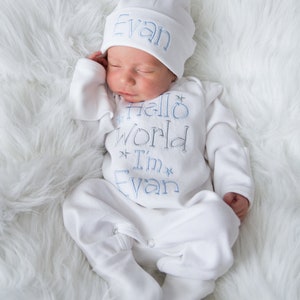 Baby Boy Coming Home Outfit Baby Boy Clothes Baby Boy Gift Personalized Baby Boy Outfit Hello World Outfit Baby Boy Convertible Sleeper image 1