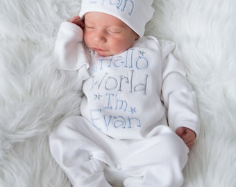 Baby Boy Coming Home Outfit Baby Boy Clothes Baby Boy Gift Personalized Baby Boy Outfit Hello World Outfit Baby Boy Convertible Sleeper