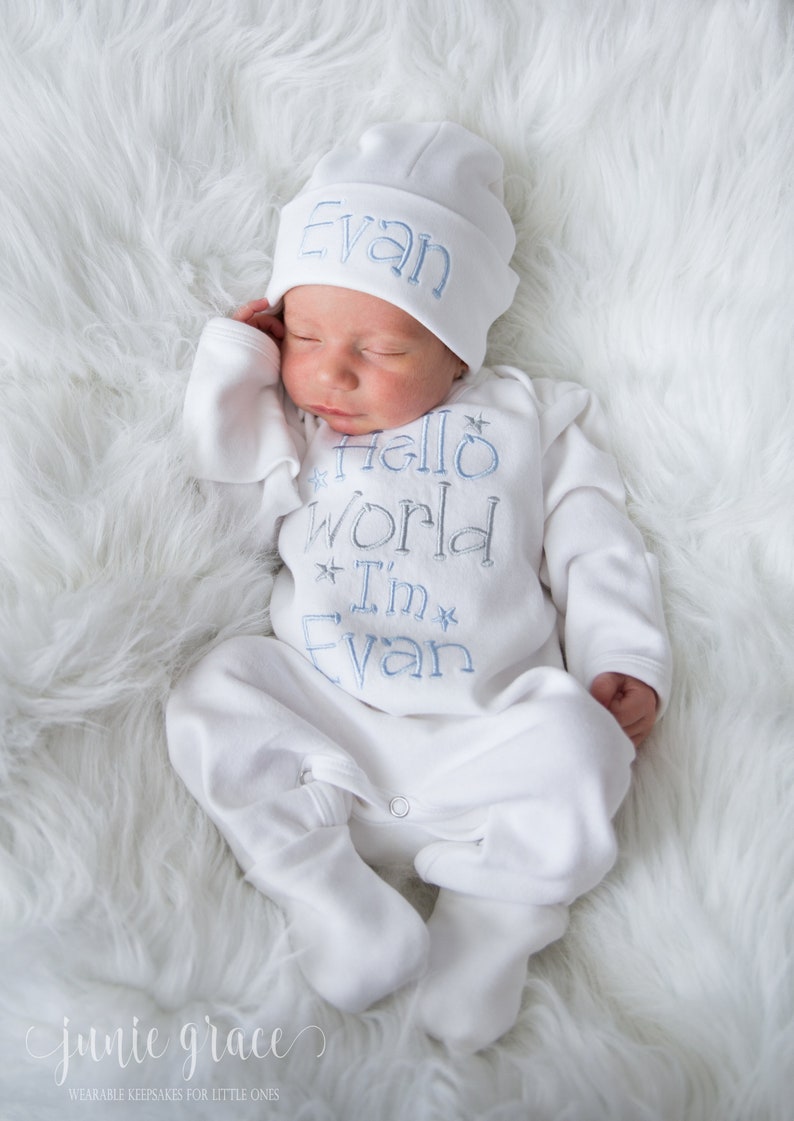 Baby Boy Coming Home Outfit Baby Boy Clothes Baby Boy Gift Personalized Baby Boy Outfit Hello World Outfit Baby Boy Convertible Sleeper image 1