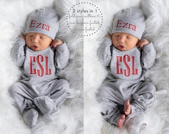 Baby Boy Clothes Baby Boy Coming Home Outfit Baby Boy Gift Newborn Boy Clothes Newborn Boy Outfit Monogrammed Baby Boy Outfit Newborn Hat