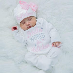 Baby Girl Coming Home Outfit Baby Girl Clothes Personalized Baby Girl Gift Hello World Outfit Newborn Girl Clothes Newborn Girl Hat