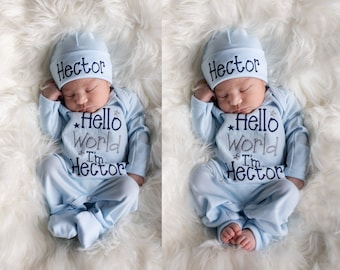 Baby Boy Coming Home Outfit Baby Boy Clothes Baby Boy Gift Personalized Baby Boy Outfit Hello World Outfit Baby Boy Convertible Sleeper