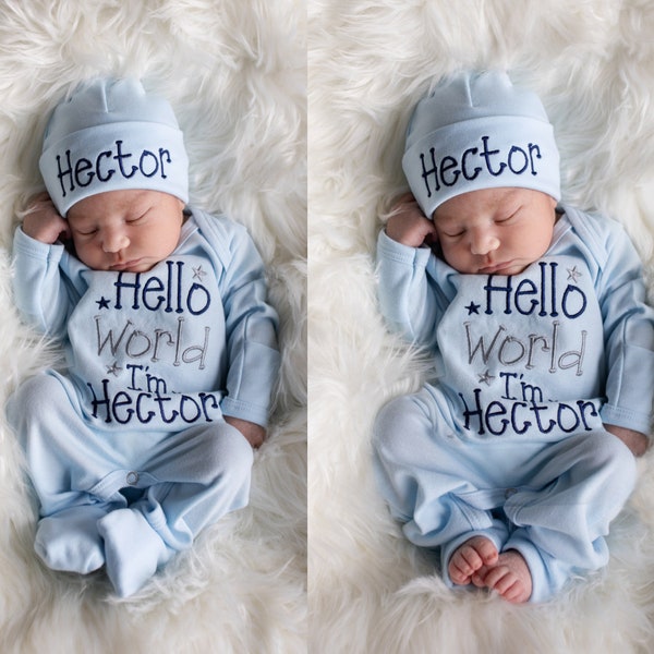 Baby Boy Coming Home Outfit Baby Boy Clothes Baby Boy Gift Personalized Baby Boy Outfit Hello World Outfit Baby Boy Convertible Sleeper