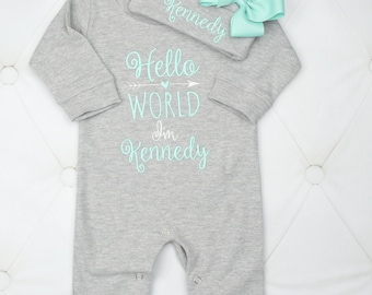 Baby Girl Clothes Baby Girl Coming Home Outfit Baby Girl Gift Baby Girl Personalized Outfit Hello World Outfit Newborn Girl Clothes