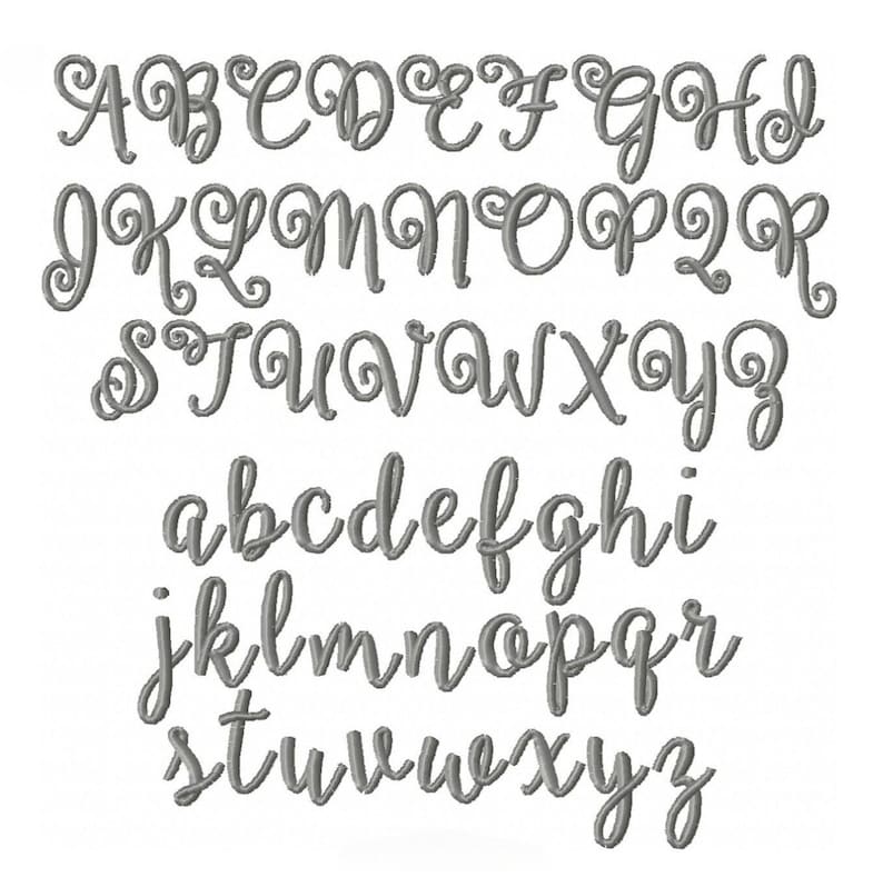 K&ouml;nnte beinhalten: Ein Schriftalphabet mit Gro&szlig;- und Kleinbuchstaben in kursiver Schrift. Die Buchstaben sind grau und haben einen dekorativen Schwung.
