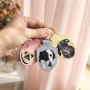 Personalized Dog /Cat Keychain, Custom Hand-Painted Leather Pet Portrait,  Gift for Mom