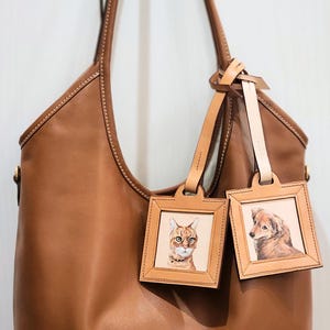 Hand-Painted Leather Pet Portrait Charm: Custom Dog/Cat Bag Tag, Mother's Day Gift for Mom