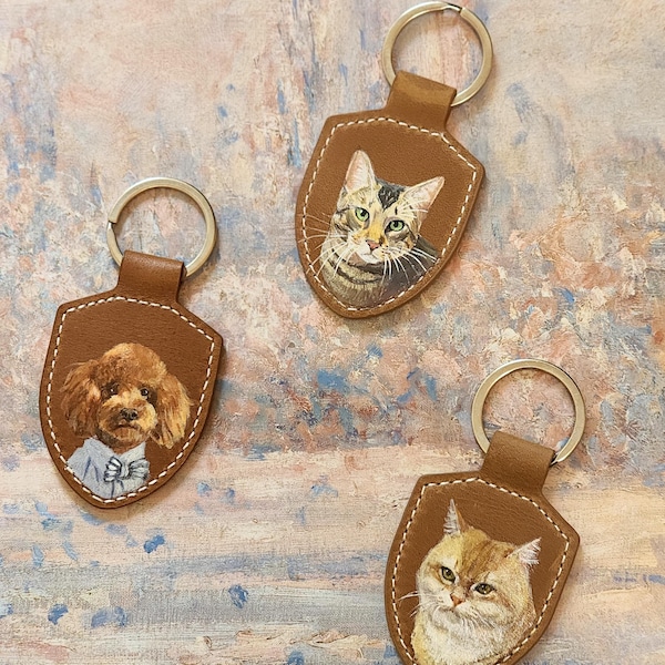 Llavero de cuero pintado a mano con retrato de mascota: un recuerdo personalizado para tu perro o gato, regalo para el Día de la Madre.