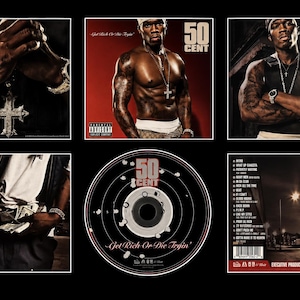Könnte beinhalten: Werbebild mit mehreren Aufnahmen von 50 Cent. Die Bilder umfassen das Albumcover, eine CD und verschiedene Porträts des Künstlers. Der Albumtitel lautet "Get Rich or Die Tryin'" und enthält das Parental Advisory-Label.