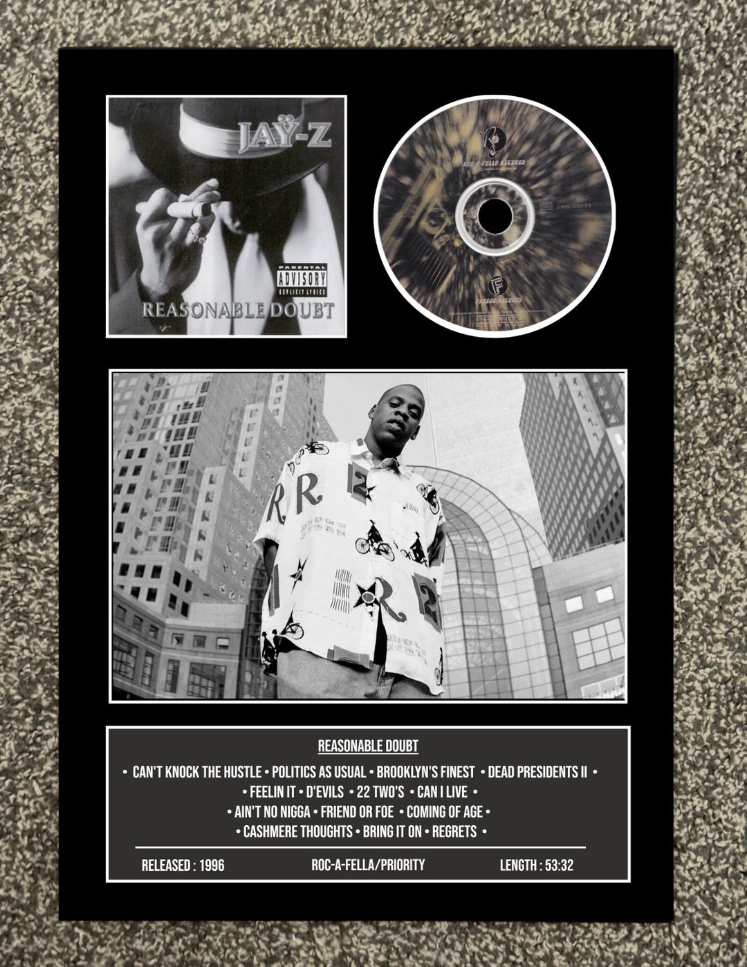Jay-z | Reasonable Doubt | Retro Mounted CD Wall Display | Frame