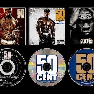 May include: A selection of 50 Cent music albums and CDs. The album covers show the artist in different poses, with text including "50 Cent", "Get Rich Or Die Tryin'", "The Massacre", and "Curtis". The CDs also display the artist's name and album titles.