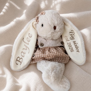 May include: A plush cream-colored rabbit toy wearing a brown and white gingham dress with two buttons. The rabbit has long ears with embroidery; the left ear reads Baylee and the right ear reads Big sister est 2026. A small gingham bow is on its head.