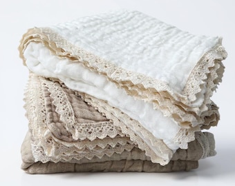 Muslin Baby Blanket with Lace Trim, Soft 6-Layer Cotton Swaddle, Newborn Receiving Blanket, Baby Shower Gift