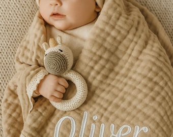 Personalized Baby Muslin Blanket with Lace: Embroidered Organic Cotton Swaddle