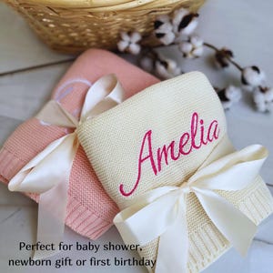 Custom Baby Blanket with Name, Personalized Knit Cotton Blanket, Embroidered Newborn Gift, Soft Baby Shower Present