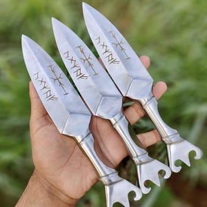 Set of 3 Handmade Fantasy Daggers | J2 Steel Engraved Blade with Leather Sheath. Collectible Medieval Style Knife Set for Display or Cosplay