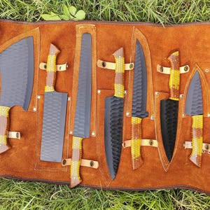 7-Piece Handmade D2 Steel Knife Set with Resin Handles | Black Coated Blades | Chef Collection with Leather Roll case