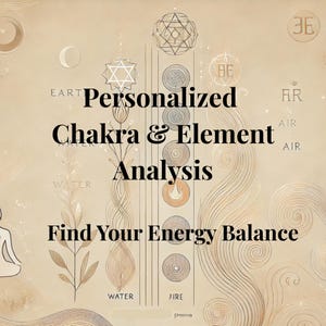 May include: A beige background with a stylized illustration of a chakra system with the text "Personalized Chakra & Element Analysis Find Your Energy Balance".