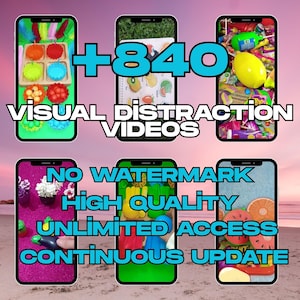May include: Image of six smartphones displaying colorful content. The text on the image reads "+840 VISUAL DISTRACTION VIDEOS" and "NO WATERMARK HIGH QUALITY UNLIMITED ACCESS CONTINUOUS UPDATE". The background is a beach scene.