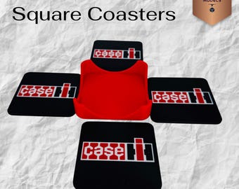 Case IH Retro Coaster Set Square – 3D Printed Farm-Themed Drink Coasters, Tractor Gift for Farmers, Rustic Country Home Décor