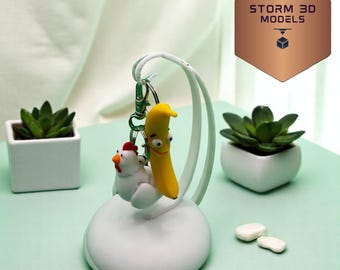 3D Printed Chicken & Banana Keychain Combo – Flexi Articulated Fidget Toy Set, Funny Gift, Quirky Animal and Fruit Keyrings
