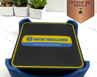 New Holland Coaster Set Square – 3D Printed Farm-Themed Drink Coasters, Tractor Gift for Farmers, Rustic Country Home Décor
